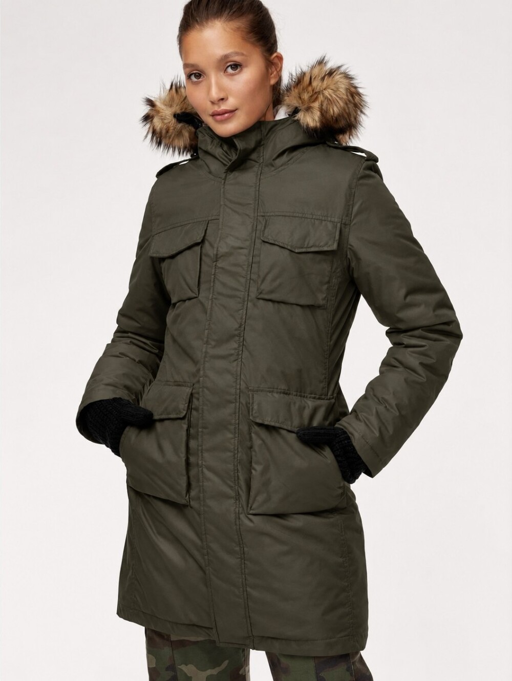 Aritzia TNA Blackcomb Parka Olive Green Large Faux Fur Lined